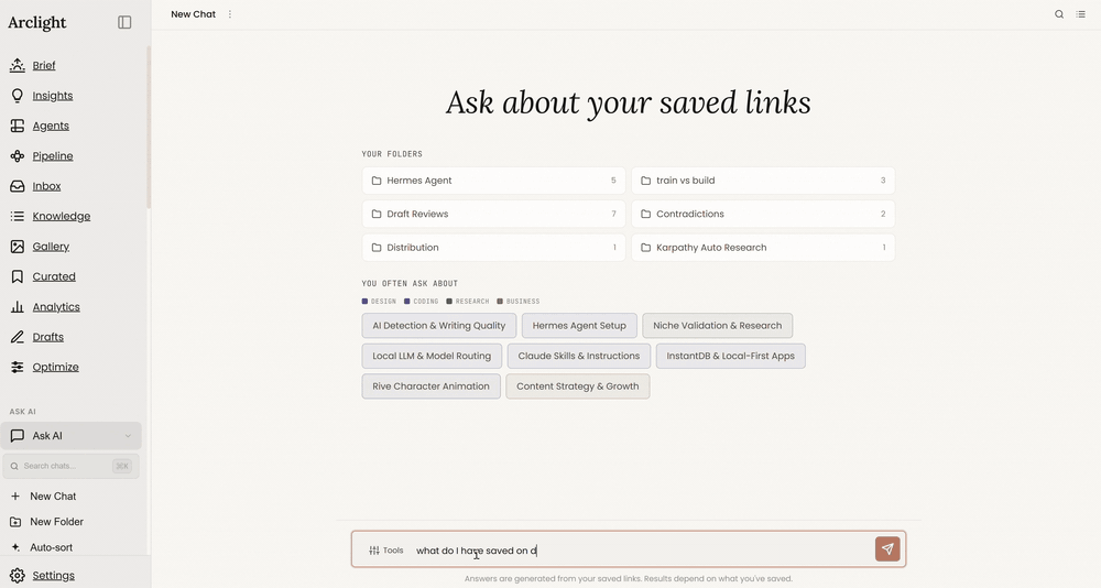 Screen recording at double speed: a question is typed into the chat home over the corpus folders, the composer sends, a Searching-your-library state appears, and a structured answer streams in: themes, bolded source names, Referenced Resources cards with match percentages, and follow-up suggestion chips.