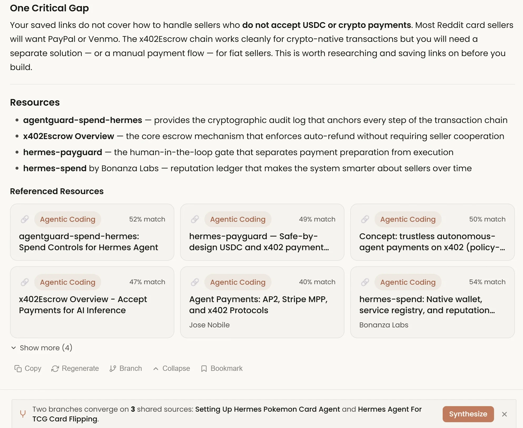 A real answer opening with One Critical Gap ('your saved links do not cover how to handle sellers who do not accept USDC or crypto payments'), above a Resources list and six Referenced Resources cards with match percentages. At the bottom, a bar reads: two branches converge on 3 shared sources, with a Synthesize button.