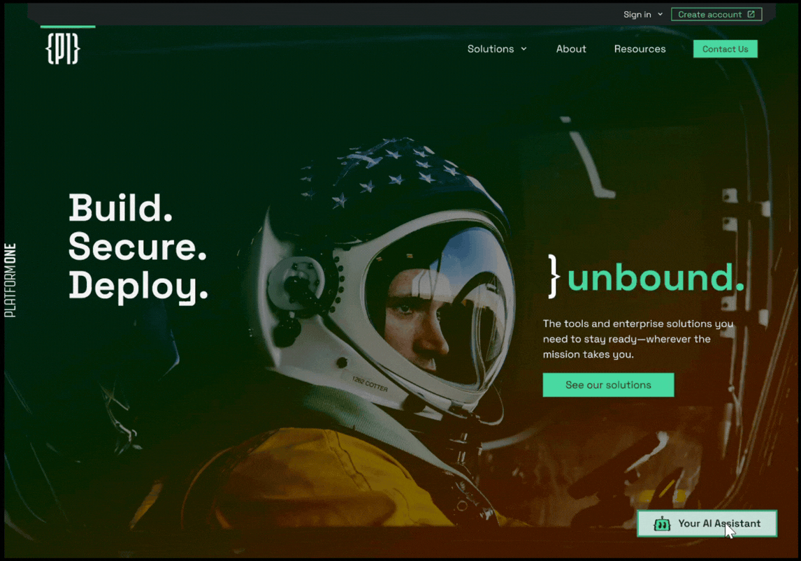 Screen recording on a loop: the assistant launcher on Platform One's homepage opens into the compact widget, then expands to the full-view workspace and back.