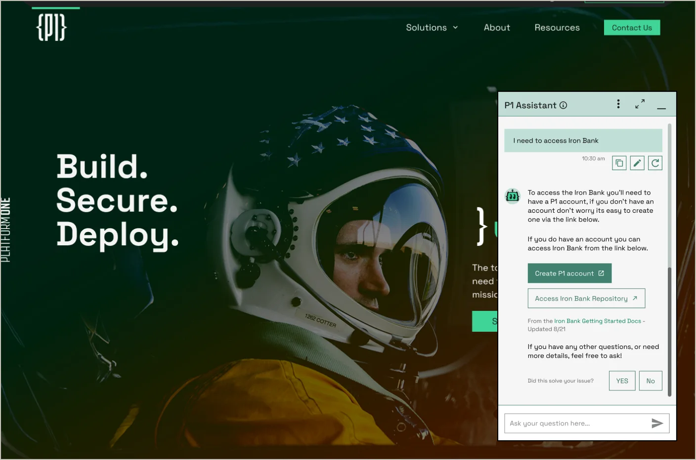 Platform One's homepage with the P1 Assistant widget open in the corner, answering 'I need to access Iron Bank' with steps, a Create-account button, a cited source, and a did-this-help prompt.