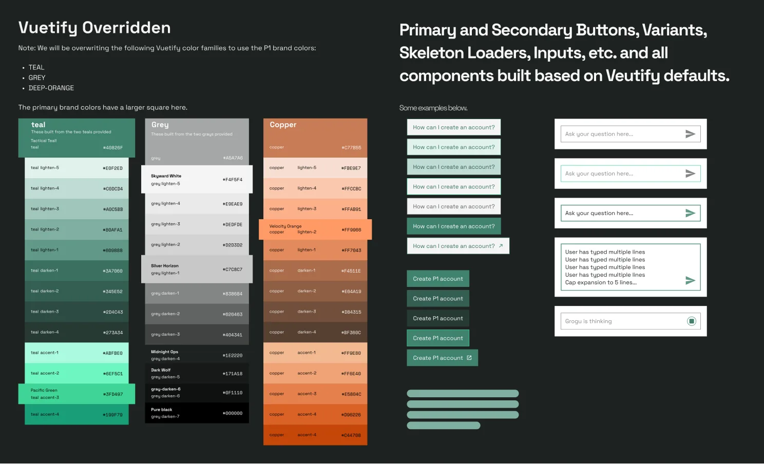 Dark design-system board titled Vuetify Overridden: teal, grey, and copper color ramps with hex values, beside primary and secondary button variants, inputs, and skeleton loaders built on Vuetify defaults.